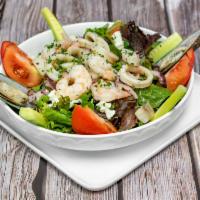 Seafood Salad · Mixed greens, tomatoes, cucumber, octopus, mussels, calamari, shrimp