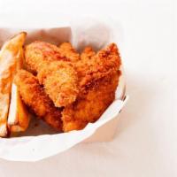 Crispy Chicken Fingers with Fries · Pieces of tender all breast meat, seasoned to perfection, hand-breaded and fried with fries.