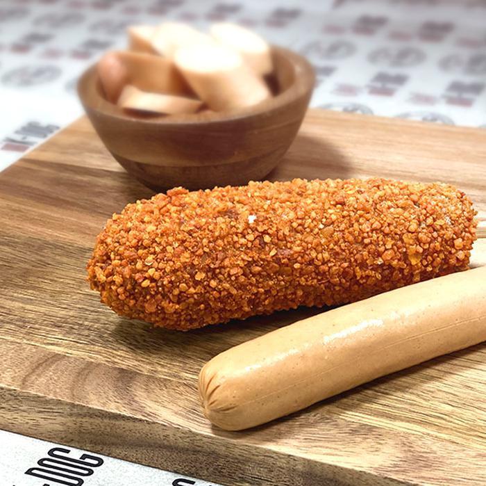 Oh K Classic Hot Dog · This is our classic dog. It is made fresh with an all-meat sausage and breaded with our special dough made from Korean rice flour.
