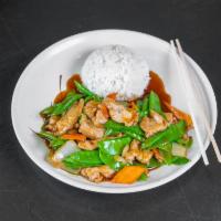 Chicken with Snow Peas · Served with rice or fried rice.