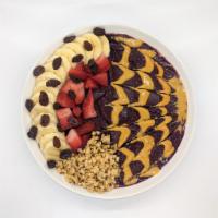 Acai Goes Nuts Bowl · For peanut butter lovers. Blend: acai, blueberries, strawberries, bananas, and house-made hi...