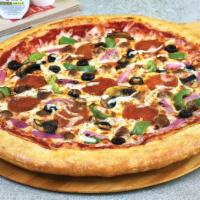 The Meal Buster Pizza · Pizza cheese, pepperoni, Italian sausage, mushrooms, green peppers, onions, black olives, ha...