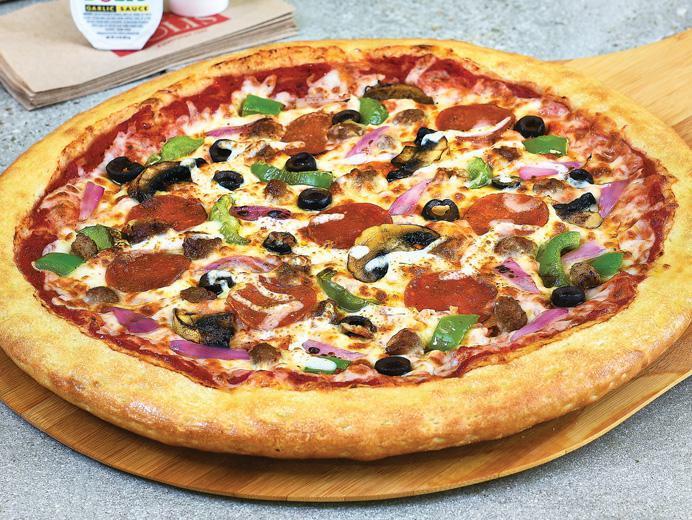 The Meal Buster Pizza · Pizza cheese, pepperoni, Italian sausage, mushrooms, green peppers, onions, black olives, hand-tossed, pizza sauce.
