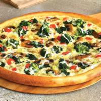Veggie Alfredo Pizza · Pizza cheese, broccoli, mushrooms, spinach, diced tomatoes, scallions, hand-tossed, Alfredo ...