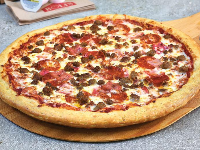 The Meatster Pizza · Extra pizza cheese, pepperoni, Italian sausage, ground beef, Italian salami, ham, bacon, hand-tossed, pizza sauce.
