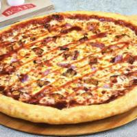 BBQ Chicken Pizza · Extra pizza cheese, chicken breast, onions, hand-tossed, BBQ sauce.