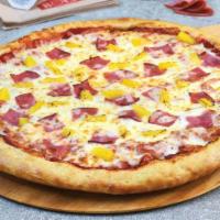Hawaiian Pizza · Extra pizza cheese, ham, pineapple, hand-tossed, pizza sauce.