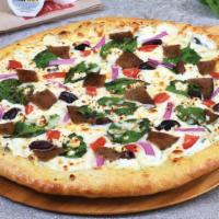 Greek Pizza · Pizza cheese, spinach, onions, tomatoes, black olives, feta cheese, gyro meat, hand-tossed, ...
