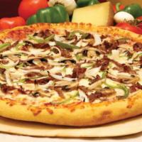 Italian Cheesesteak Pizza · Pizza cheese, mushrooms, green peppers, onions, sirloin steak, hand-tossed, pizza sauce.