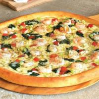 Shrimp Alfredo Pizza · Pizza cheese, spinach, diced tomatoes, scallions, shrimp, hand-tossed, Alfredo sauce.