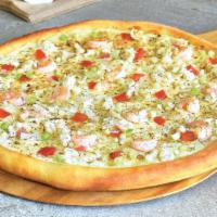 Seafood Alfredo Pizza · 8 servings. Pizza cheese, onions, diced tomatoes, scallions, shrimp, crab meat, hand-tossed,...