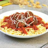 Spaghetti with Meatballs · Marinara sauce, Italian meatballs, Parmesan cheese, garlic bread.