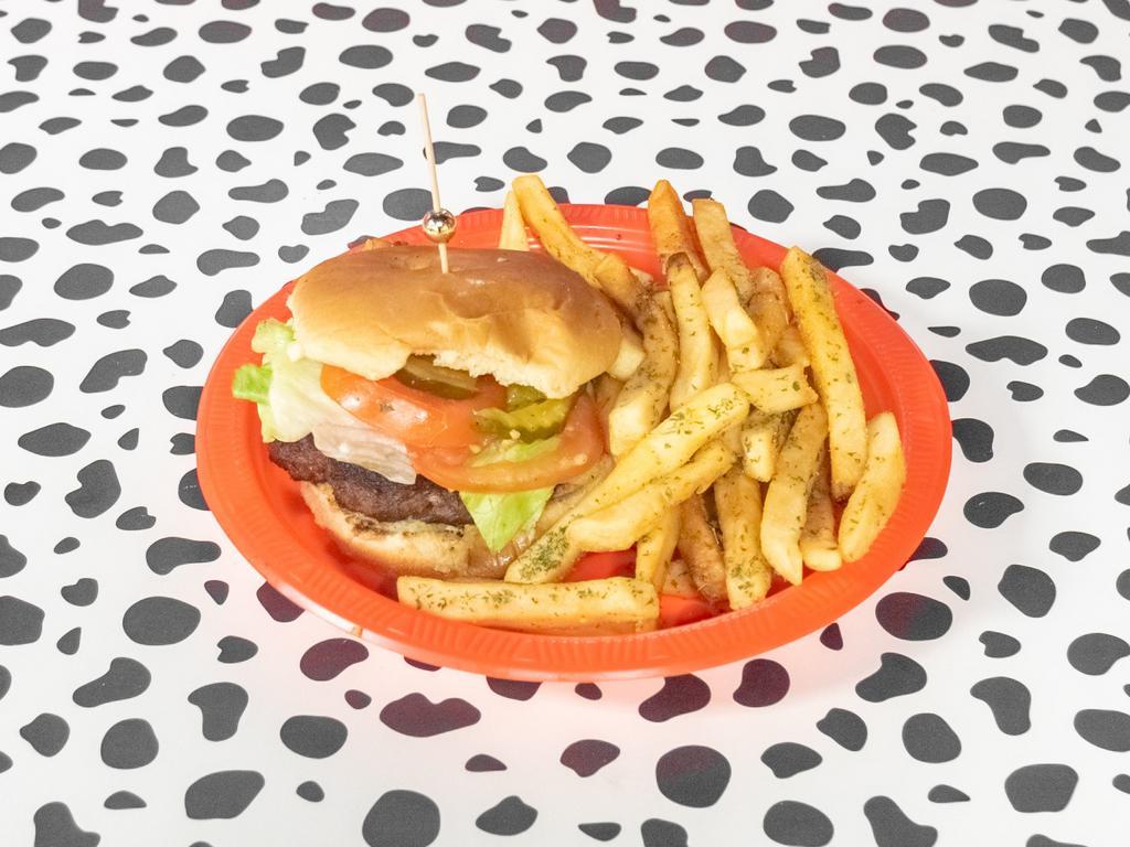 Cheeseburger Plate · Dressed with lettuce, tomatoes, and pickles. Served on a bun. 
