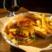 Rivercrest Standard Burger · Griddled burger with American cheese, lettuce, tomato, pickle and special sauce. Add bacon f...