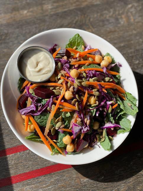 Super Bowl · Kale, farro, chickpeas, pumpkin seeds, red beets, shredded carrots, and red cabbage in a maple-lime-tahini dressing.