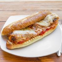 Eggplant Parm Sandwich · Thin cut eggplants in tomato sauce with mozzarella cheese on semolina roll
