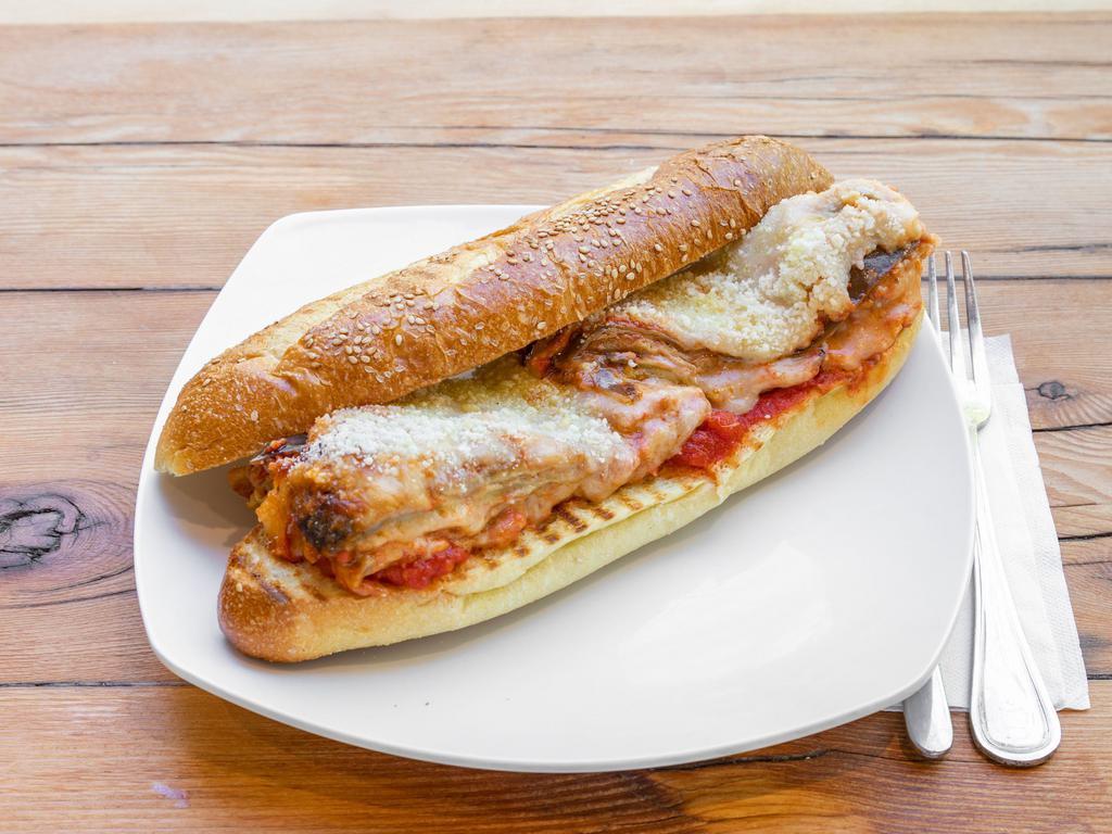 Eggplant Parm Sandwich · Thin cut eggplants in tomato sauce with mozzarella cheese on semolina roll