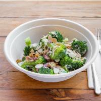 Broccoli Salad · Steamed and immediately cooled broccoli, tossed with panchetta, onions toasted almond and ra...
