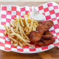 Chicken Strips · Tender chicken strips made 100% from chicken breasts served with crispy french fries and hon...