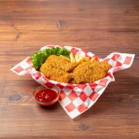 Chicken Strips · Crispy chicken strips served with a choice of fry basket.