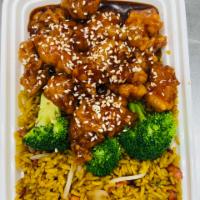 C16. Sesame Chicken Combination Platter · Served with pork fried rice and 1 pork egg roll.