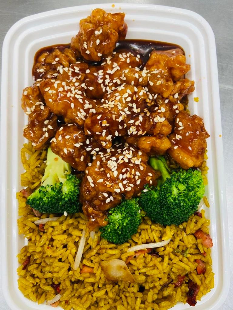 C16. Sesame Chicken Combination Platter · Served with pork fried rice and 1 pork egg roll.