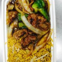 C3. Pepper Steak with Onions Combination Platter · Served with pork fried rice and 1 pork egg roll.