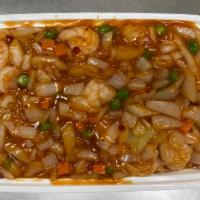 144. Hot and Spicy Baby Shrimp · Served with white  rice.