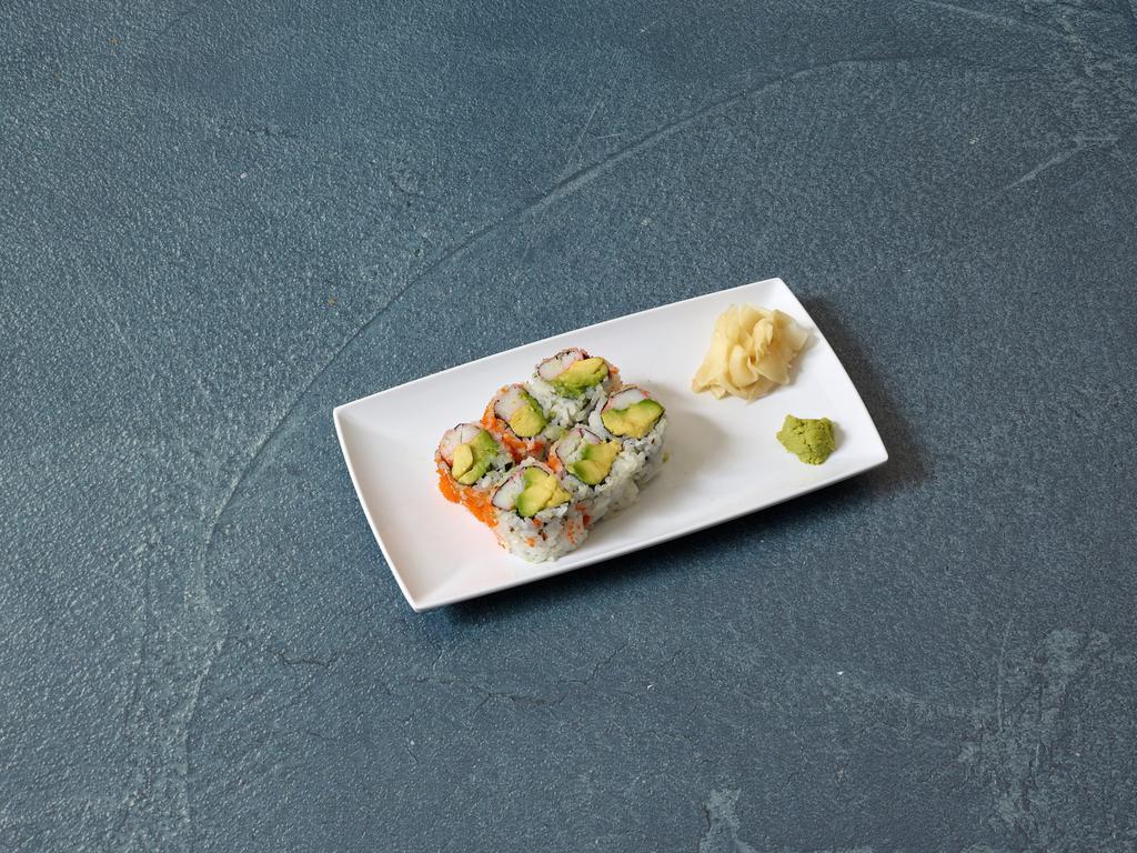 California Roll · Crab, avocado and smelt roe. Inside out roll.