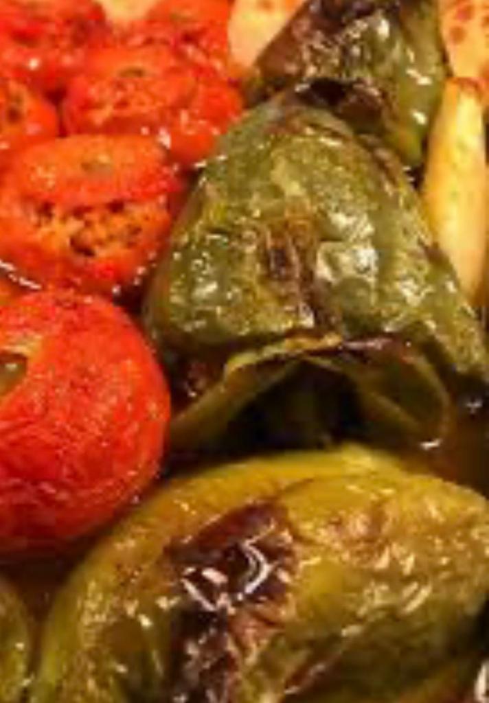 Gemista Stuffed Tomatoes & peppers · Your preference with or without Meat.
Choose a salad and a dip!