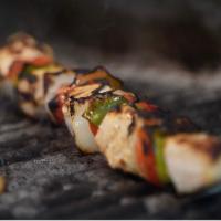 Swordfish Kebab · Swordfish skewered with alternate vegetables.