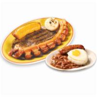 Country Platter / Bandeja Paisa  · Rice, beans, sunny side up egg, Colombian sausage, pork skin, steak, sweet plantains and cor...