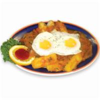 Bistec a Caballo  · Grilled steak in creole sauce topped with 2 eggs and cooked cassava portions. It comes with ...