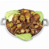 Cazuela de Frijoles  · Beans with Colombian sausage slices, pork skin chops, sweet plantains and avocado. It comes ...