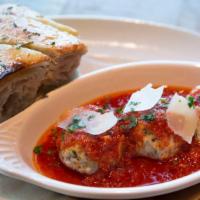 Meatballs · Chicken meatballs, organic marinara, and garlic rosemary bread.