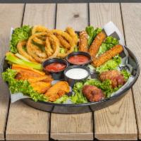 Toadies Sampler · 3 of each: Mozzarella sticks, Buffalo wings, onion rings, and stuffed jalapenos! Served with...
