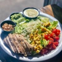 Baja Salad · romaine, roasted corn, queso fresco, guacamole, tortilla strips, citrus lime vinaigrette.

P...