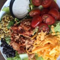 Downhome Bbq Chicken Salad · romaine, shredded bbq chicken, roasted corn, saucy black beans, cherry tomatoes in a homemad...
