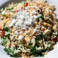 Mikonos Bowl · orzo, baby spinach, artichokes, sun-dried tomatoes, capers, olives, crumbled feta, chickpeas...
