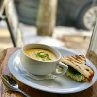 Cup of Soup and 1/2 Sandwich · Your choice of tuna boona or turkey and Brie.