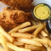 Kid's Chicken Fingers with Fries · Panko-crusted white meat chicken, homemade honey mustard dipping sauce and french fries.