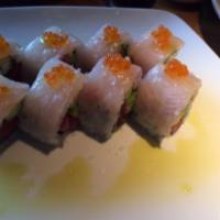 Winter Roll Spicy · Spicy crabmeat and crunchy inside topped with white tuna. 