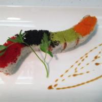 Kamikaze Roll · Spicy salmon, tuna, yellowtail, crunchy inside and three kinds of tobiko on the top. 