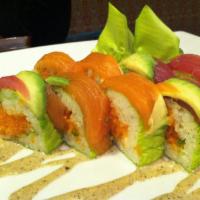Dream Girl Roll · Spicy crunchy tuna inside, eel and salmon and avocado on top. 