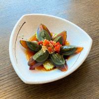 Century Egg with Pickled Peppers · Traditional Chinese preserved duck egg with pickled pepper