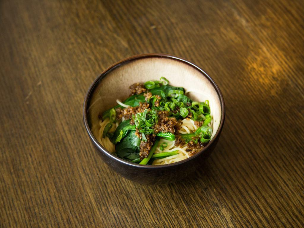 Dandan Noodles · Classic Szechuan Noodles Dish, hot Noodles with Sesame Sauce, Mince Pork, Spinach. Medium Spicy, Can do Vegetarian style
