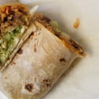 Burrito with Salad · Wrap burrito with lettuce tomato onions sour cream avocado rice and beans choice of meat