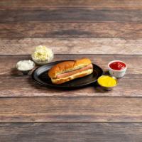 Hot Dog · With everything includes homemade sauce, slaw, onion and mustard.  Relish, shredded cheddar ...