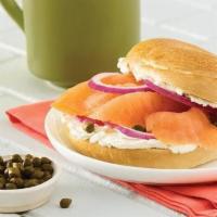 Nova Lox Sandwich · Sliced nova lox salmon, red onions, cream cheese and capers on the bagel of your choice.


