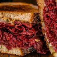 Hot Pastrami · with Swiss Cheese, Pickles & Spicy Mustard on Grilled Rye Bread